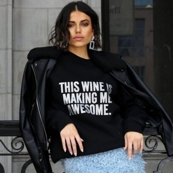 "THIS WINE IS MAKING ME AWESOME" BRUNETTE the Label Glitter Sweatshirt Sz M / L - Picture 1 of 13